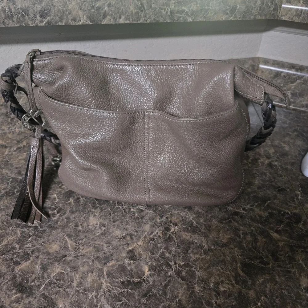 BRIGHTON Pewter Gray Pebbled Leather Hobo Bag Purse Braided Strap